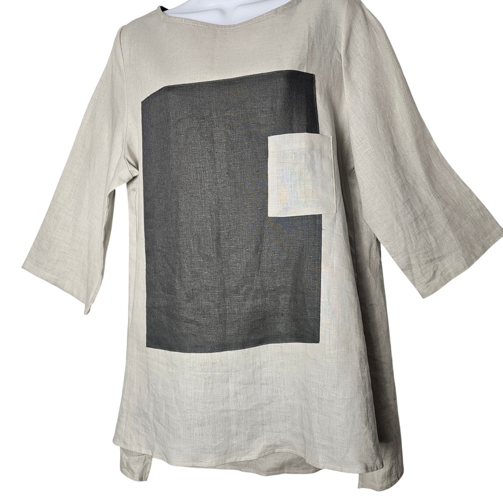 IC by Connie K Womens Linen Colorblock Tunic Top Oatmeal Gray Lagenlook‎ Earthy